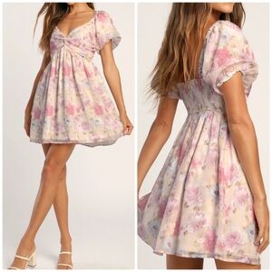 NWOT Lulu's Fresh Florals Cream Floral Print Puff Sleeve Mini Dress Size Small